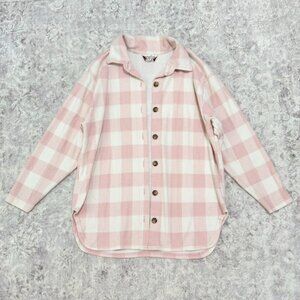 Vintage Soft Pink & White Checkered Shacket Plaid Button Down Shirt 90s Sweater
